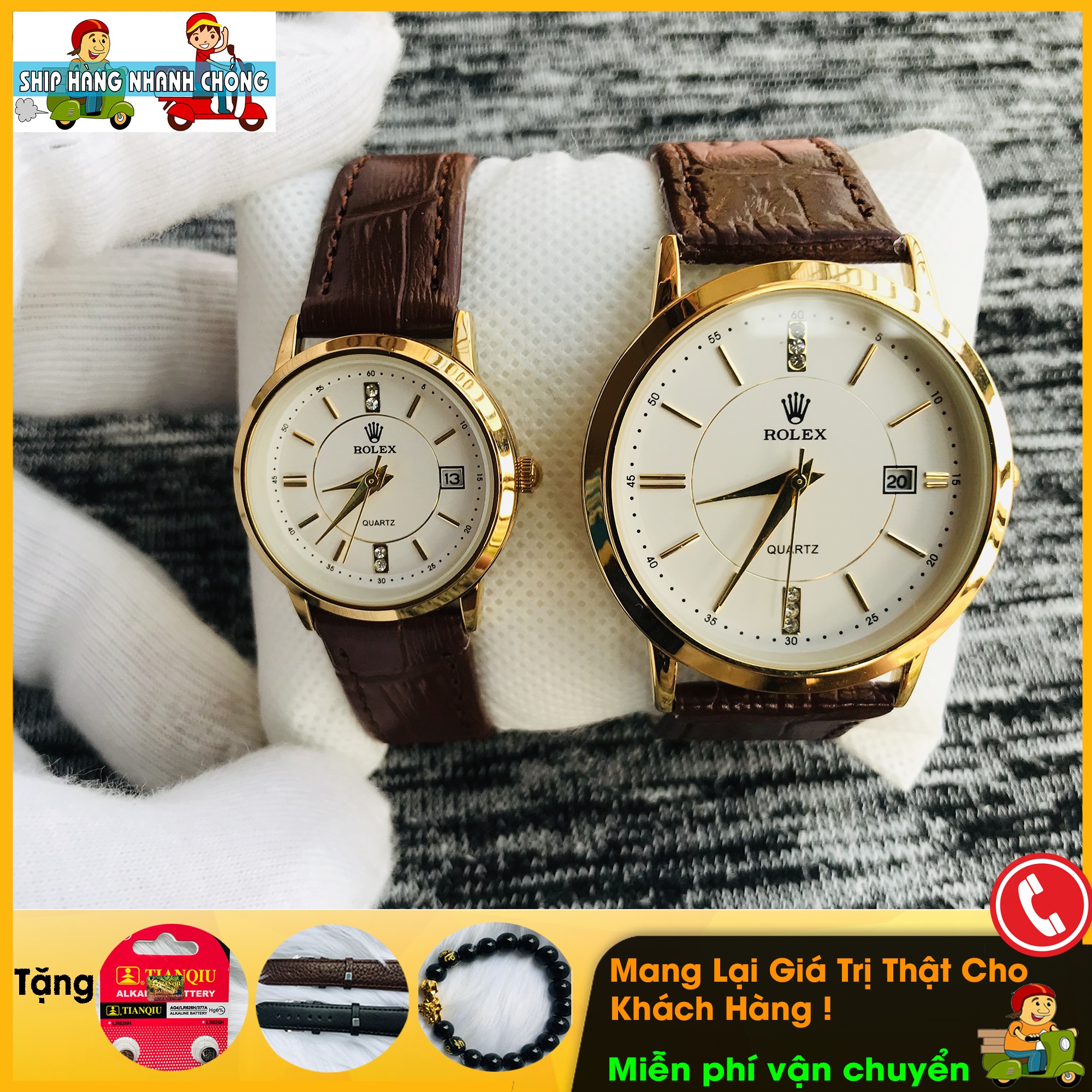 Đồng hồ đôi nam nữ rolexa08, mặt kính chống xước, dây da nâu bò, chống xước, chống nước 3atm, lịch ngày