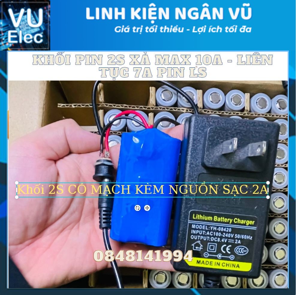 Khối pin 2S 2600mAH - 10A. (7,4V Cạn - 8,4V Đầy). Được đóng từ 2 cell pin Lithium 18650 Mới. Có mạch bảo vệ 2S