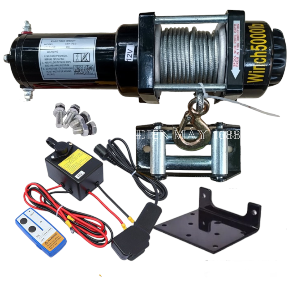 Tời điện 12v ắc quy 5000lbs lực kéo 2200kg có điều khiển từ xa