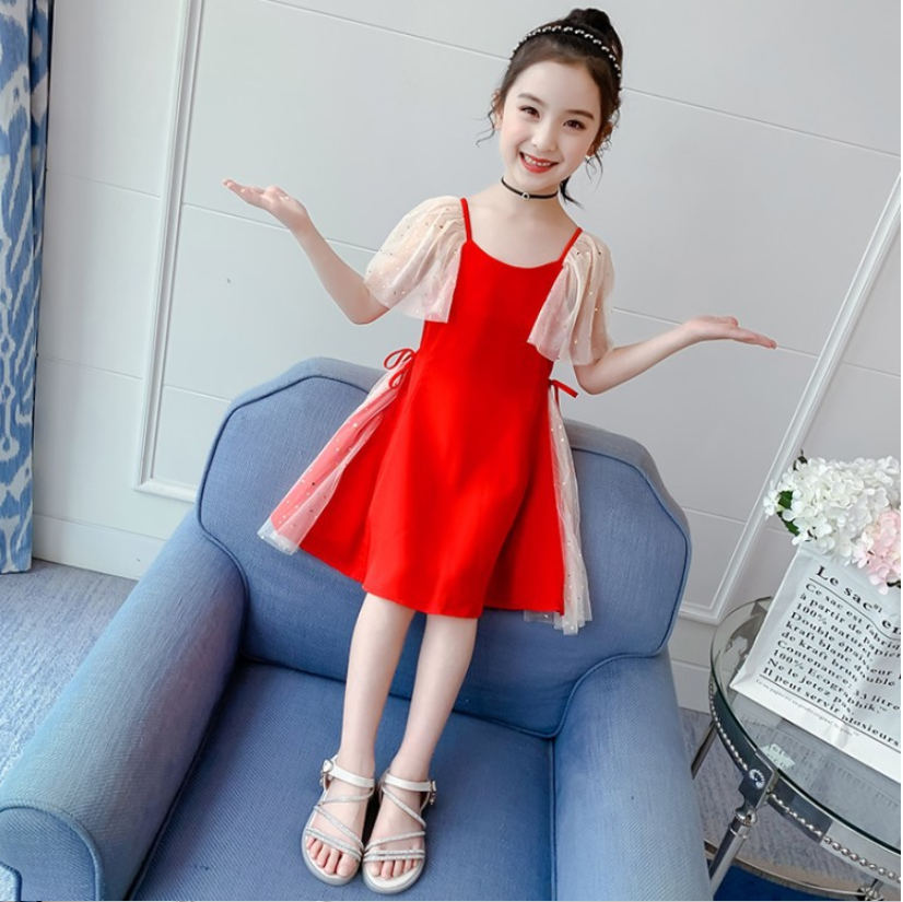 Váy voan công chúa pettiskirt cộc tay, phối lưới tay và 2 bên hông váy siêu xinh cho bé gái