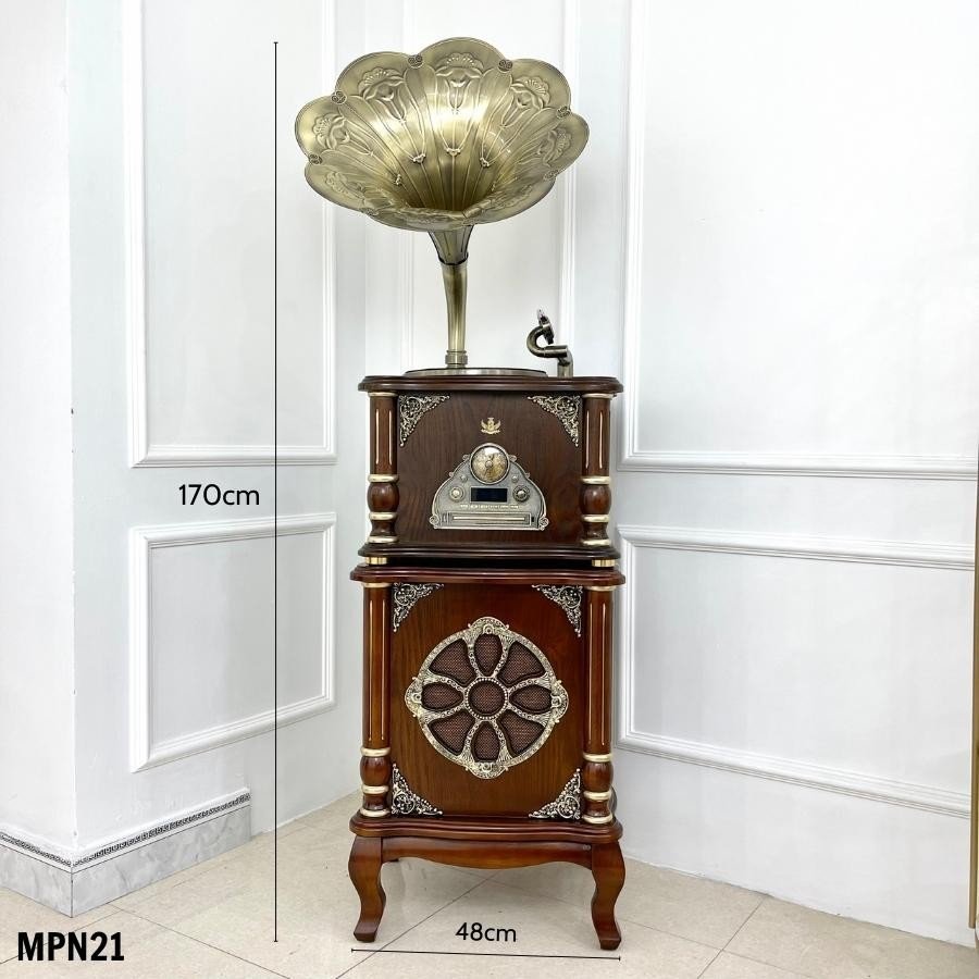 MÁY PHÁT NHẠC LOA KÈN MPN21 KIỂU DÁNG TÂN CỔ ĐIỂN, LOA PHÍA GẦM DƯỚI HOFNH TRÒN LẠ MẮT, ÂM THANH NGHE HAY ÊM DU DƯƠNG.