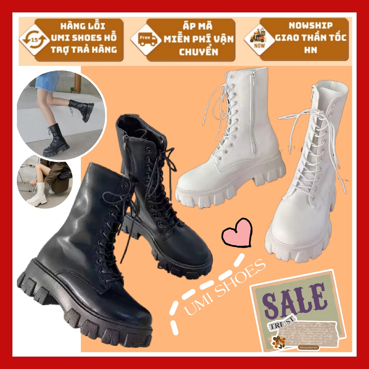 [LOẠI 1 SẴN] Bốt cao cổ nữ 15cm buộc dây kéo khóa đế cao 5.5cm màu đen/trắng cá tính đẹp mới xinh cá tính hot thời trang