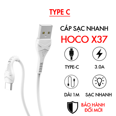DÂY CÁP SẠC NHANH TYPE C 3A HOCO X37 DÂY DÙ CHO ANDROID/ SAMSUNG XIAOMI OPPO- MÀU TRẮNG-1M [HOCO ĐÀ NẴNG]