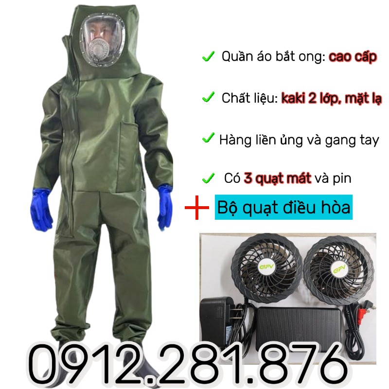 Quần Áo Bắt Ong Rừng Cao Cấp An Toàn Tiện Lợi có quạt chất liêu kaki 2 lớp dày dặn có mặt nạ chống độc và quạt điều hòa làm mát cao cấp