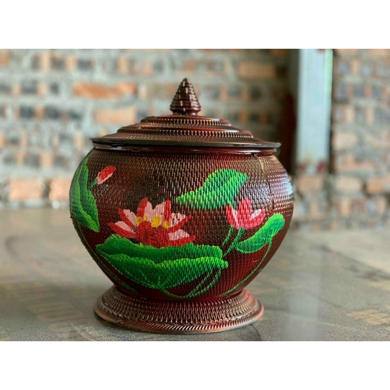Giỏ ấm tích - giỏ ủ trà vẽ hoa sen và chữ lộc 1.5 lít