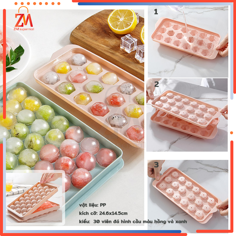 Khay đá bi tròn tủ lạnh 33 viên có nắp đậy, Khuôn làm thạch hoa quả hình bi tròn ngộ nghĩnh Khay đá bi tròn tủ lạnh 33 viên có nắp đậy