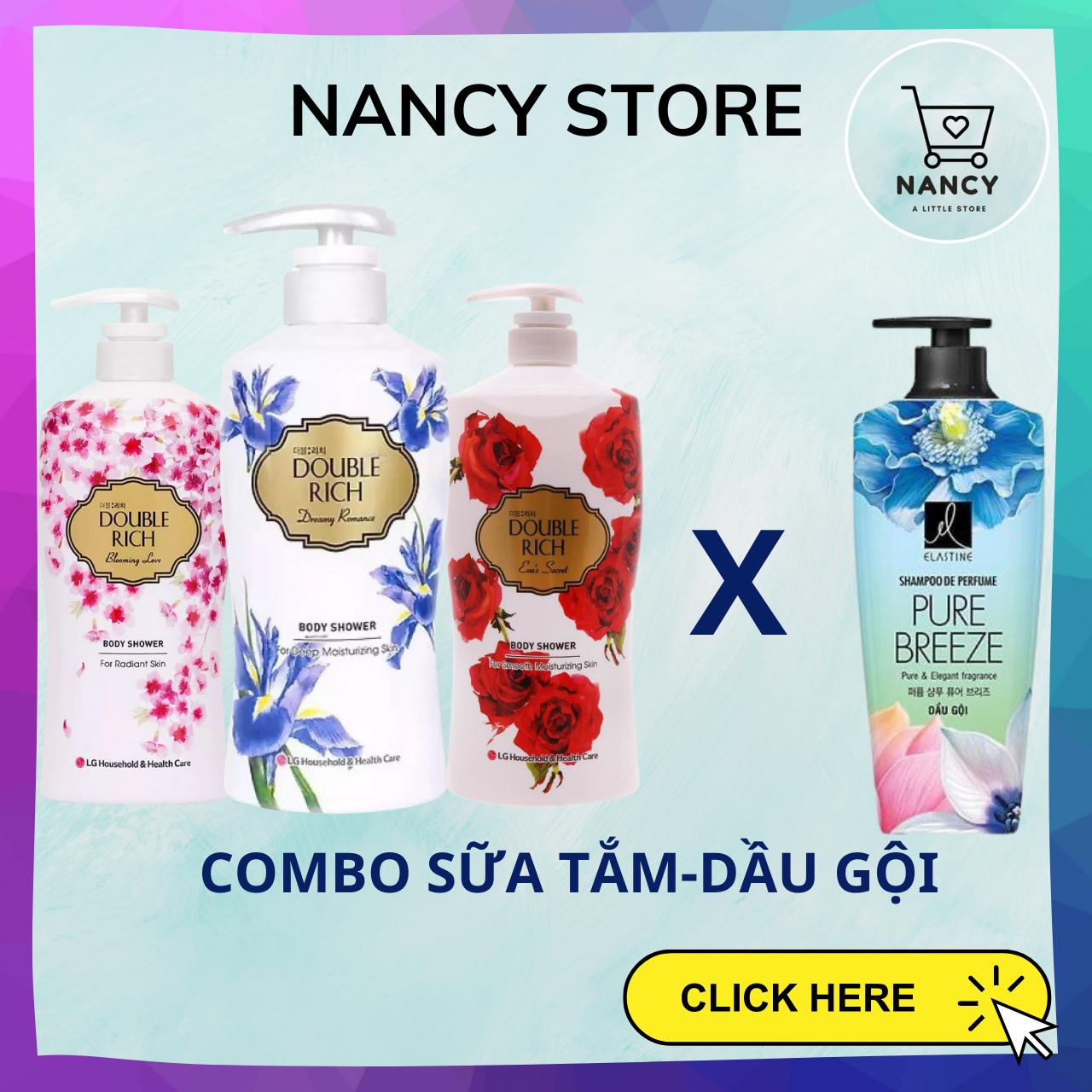 Combo sữa tắm double rich 800g + dầu gội elastine hương nước hoa pure breeze hàn quốc 600ml