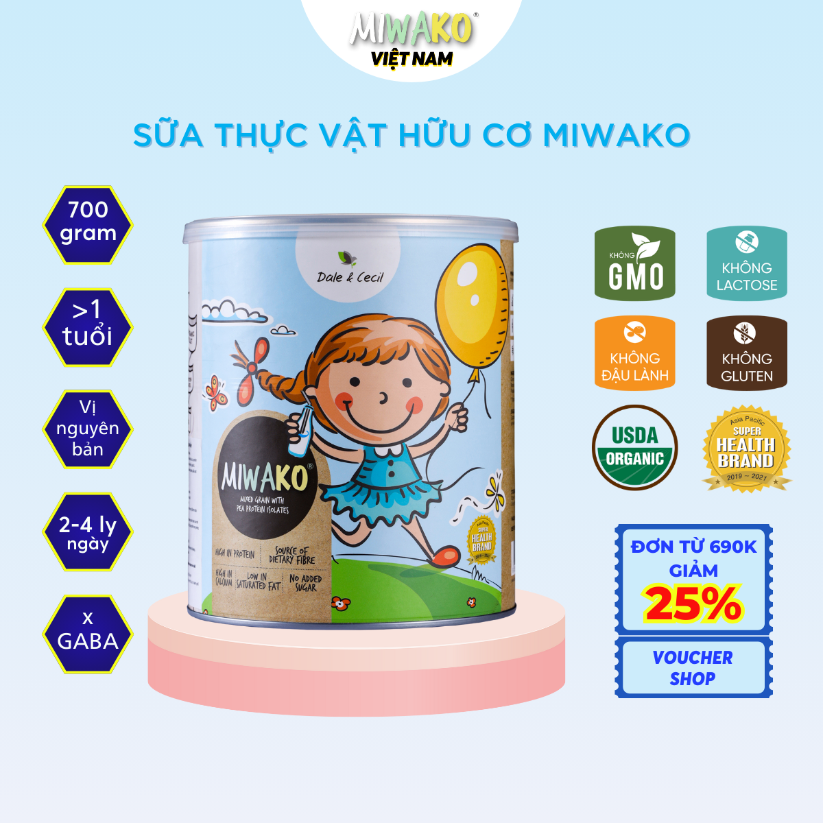 Sữa thực vật miwako dành cho trẻ dị ứng đạm bò vị gạo ngọt tự nhiên hộp 700g trẻ trên 1 tuổi