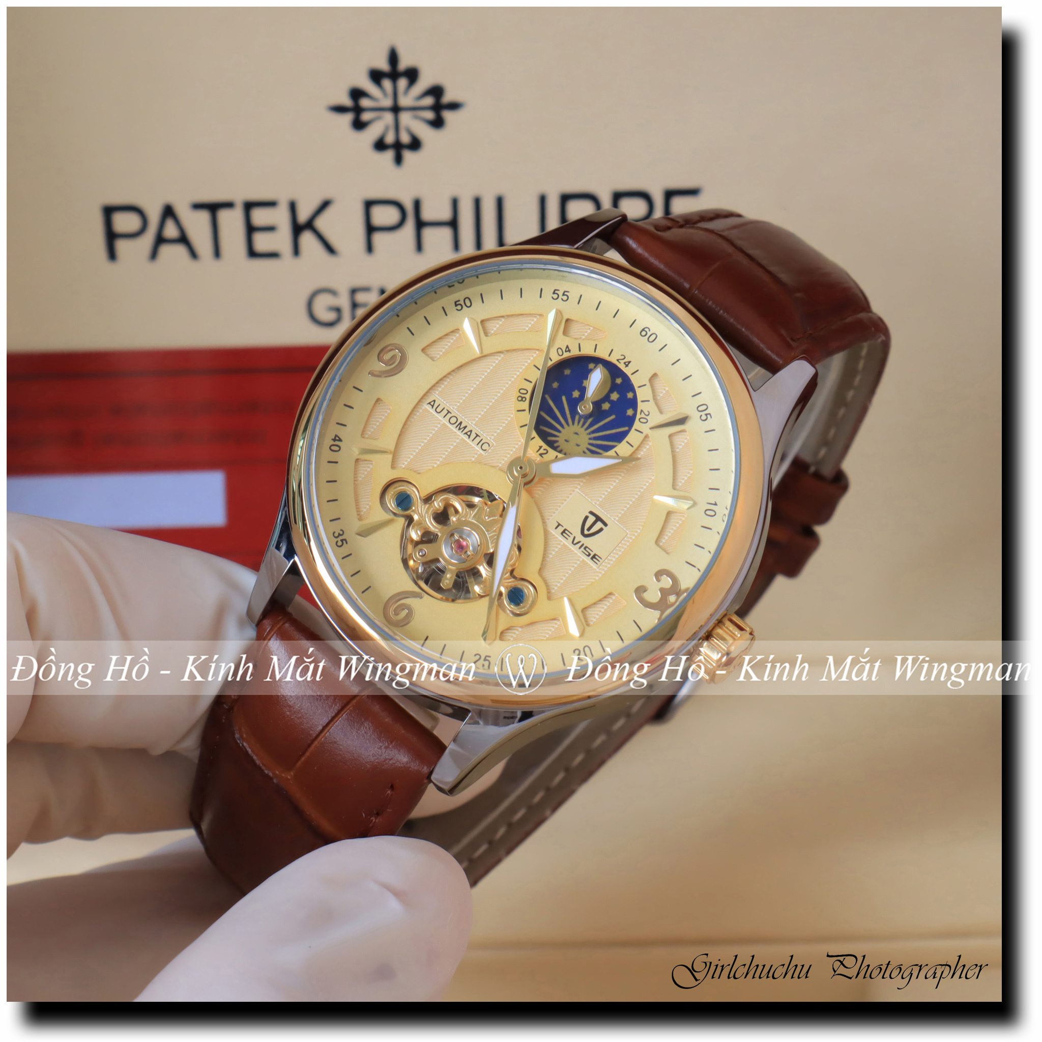 Đồng hồ nam máy cơ dây da Tevise B820V chạy full kim automatic , chống xước - chống nước , full box, Bảo hành 3 năm