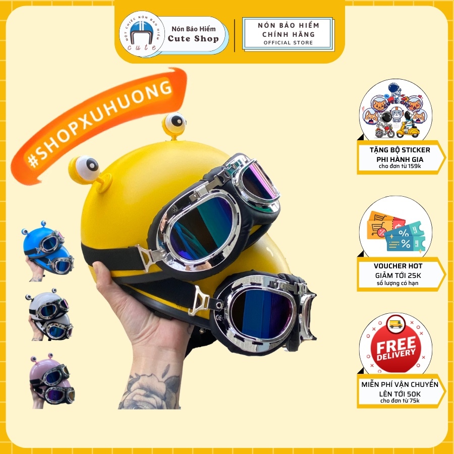 卍● nón bảo hiểm nửa đầu phụ kiện mắt ếch nón bảo hiểm nửa đầu kính phi công mũ bảo hiểm 1 2 kèm phụ kiện mắt ếch cute shop