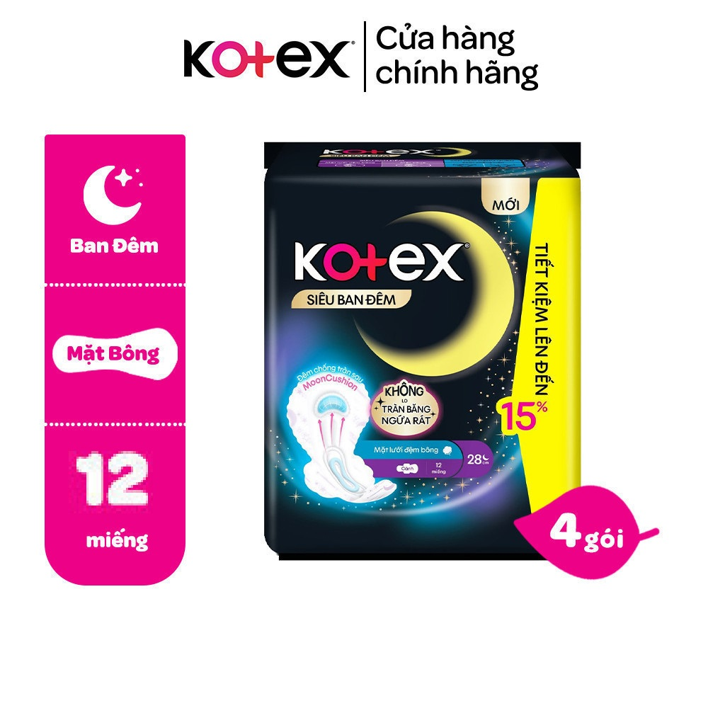Combo 4 gói băng vệ sinh Kotex ban đêm mặt bông siêu mỏng cánh 8 miếng (35 cm)