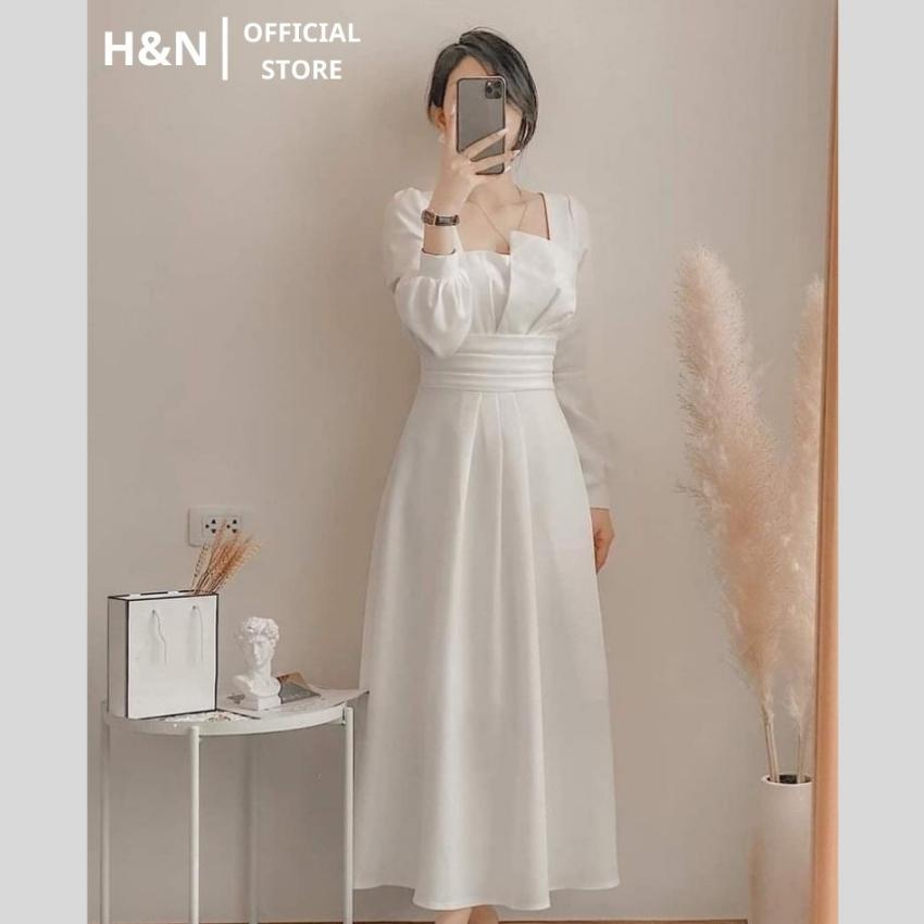 Váy Thiết Kế Dáng Suông Dài Đầm cổ vuông lệch sang chảnh dự tiệc HN Clothing V38