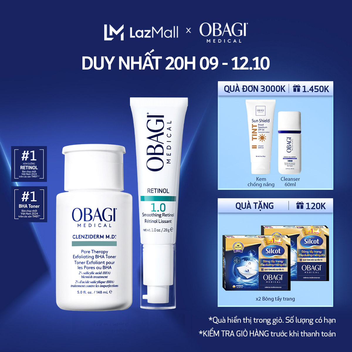 Bộ đôi dưỡng da Toner BHA làm sạch mụn và tẩy tế bào chết Obagi Medical Clenziderm M.D 148ml và Kem Chống Lão Hóa & Tái Tạo Da Obagi 360 Retinol 1.0 28g