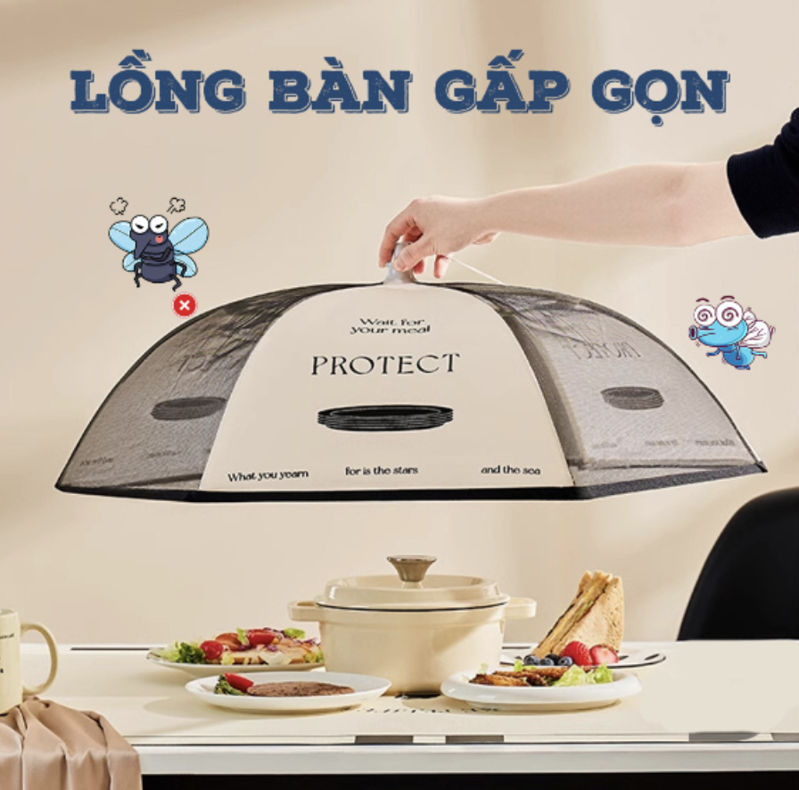Lồng Bàn Đậy Thức Ăn Vải Lưới Gấp Gọn, Thông Minh, Chất Liệu An Toàn Hình Tròn 70x70x24cm