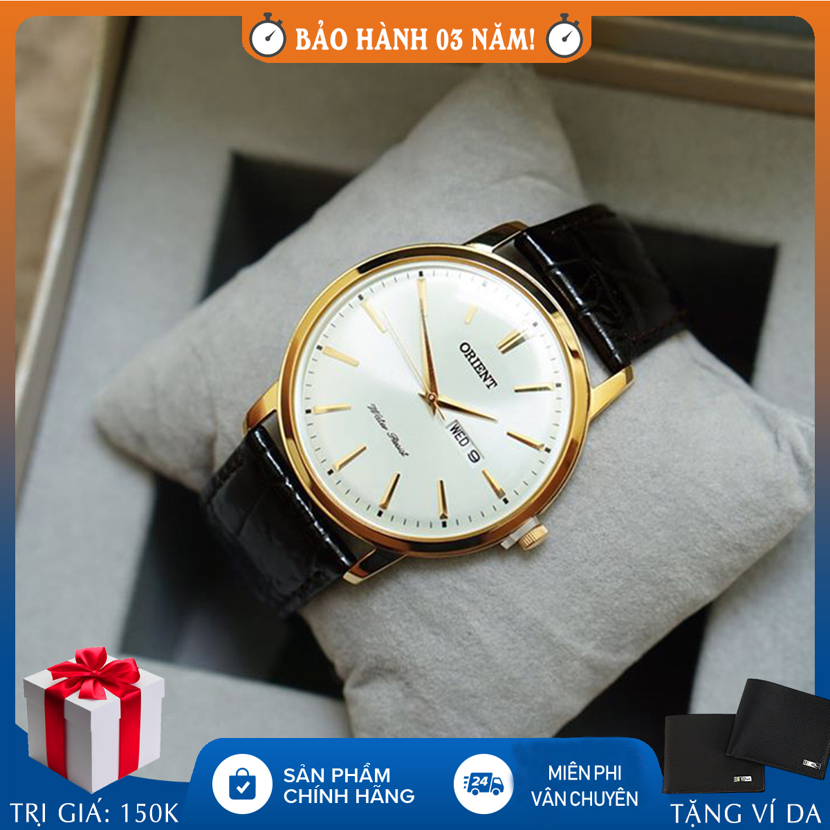Đồng hồ nam dây da chính hãng Orient Bambino FUG1R001W6, full box, chống nước