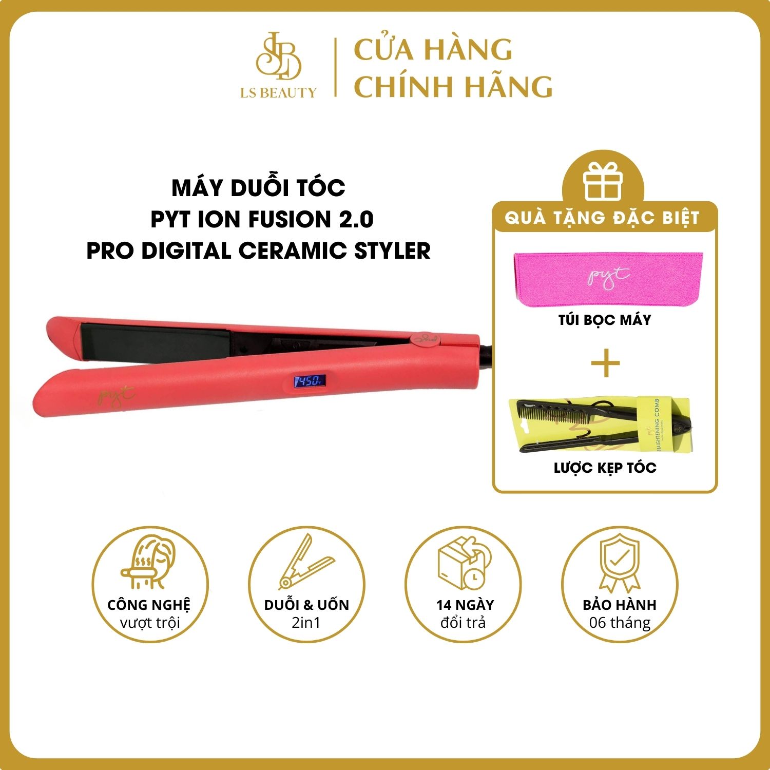 Máy duỗi tóc thẳng chính hãng pyt digital ion fusion 2.0 thế hệ mới - sứ bọc tourmaline - công nghệ nhiệt hồng ngoại xa- nút bấm