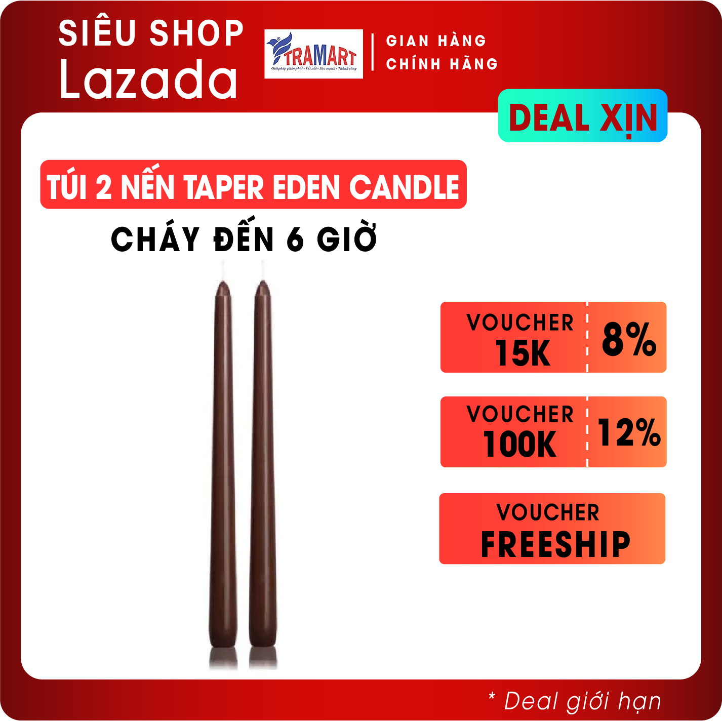 Nến thơm, Túi 2 nến taper Eden Candle FTRAMART EDC2300 cao 25cm (Nâu), phù hợp tất cả các chân nến theo tiêu chuẩn nến taper