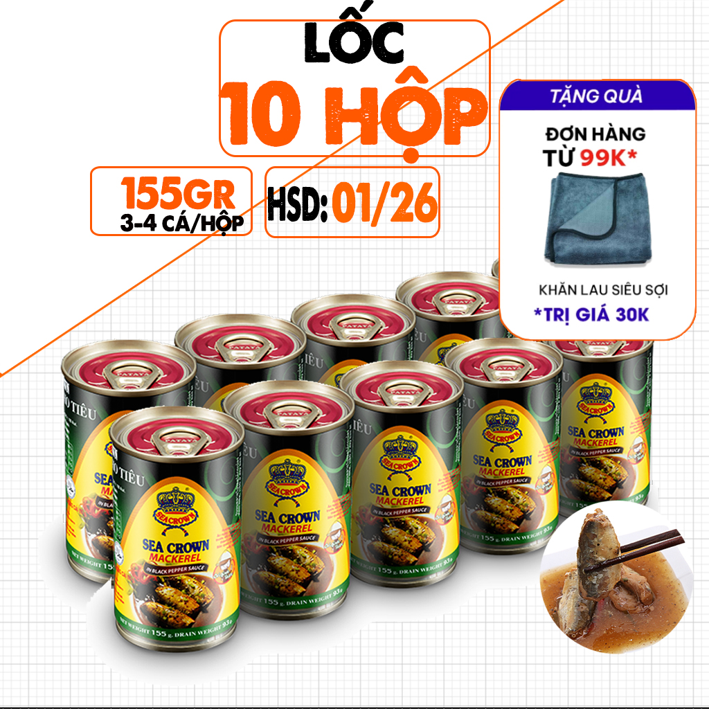 Lốc 10 Hộp Cá Nục Kho Tiêu Seacrown Thái Chính Hãng, Đóng Lon 155g, Date 01/2026, Vị Cay Thơm, Dùng Ăn Ngay