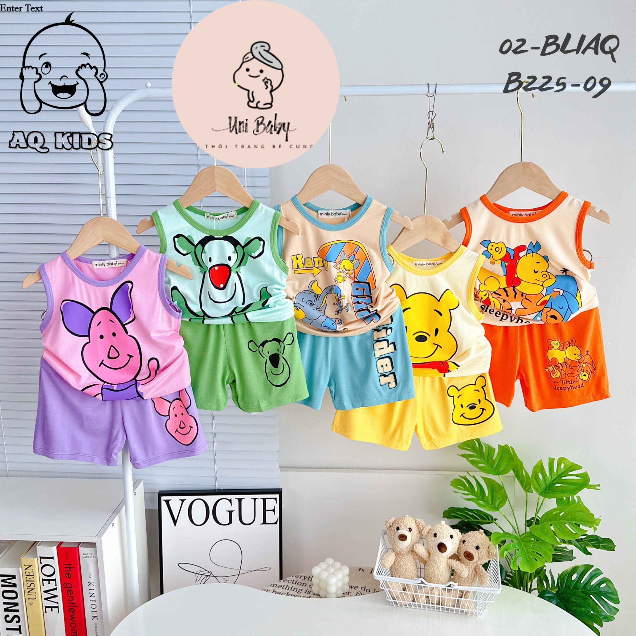 Bộ ba lỗ thun lạnh Minlybaby bé trai size đại bộ quần áo ba lỗ bé trai bé gái in hoạt hình gấu POOH dễ thương Unibaby BLIAQ