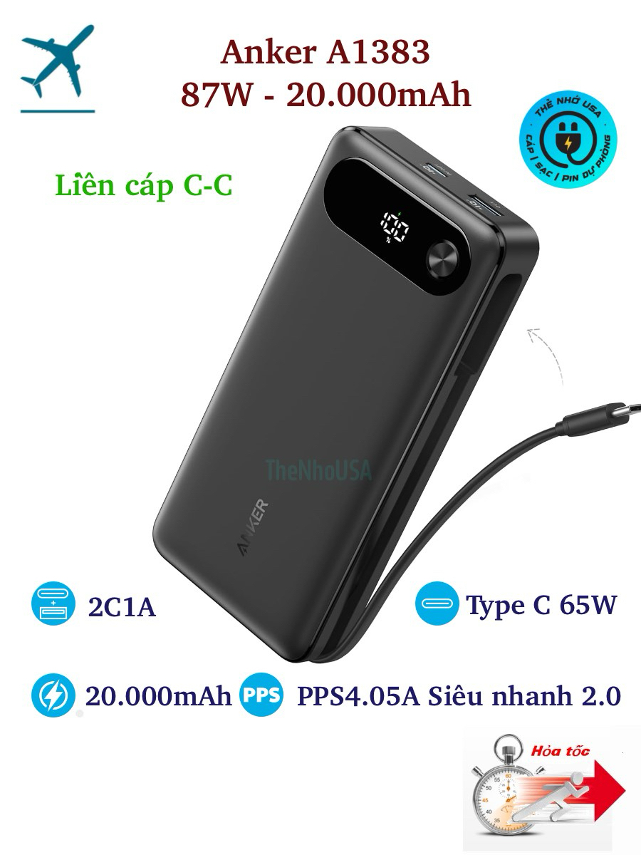 Pin dự phòng anker a1383 dung lượng 20000mah tích hợp cáp type c công suất 87w