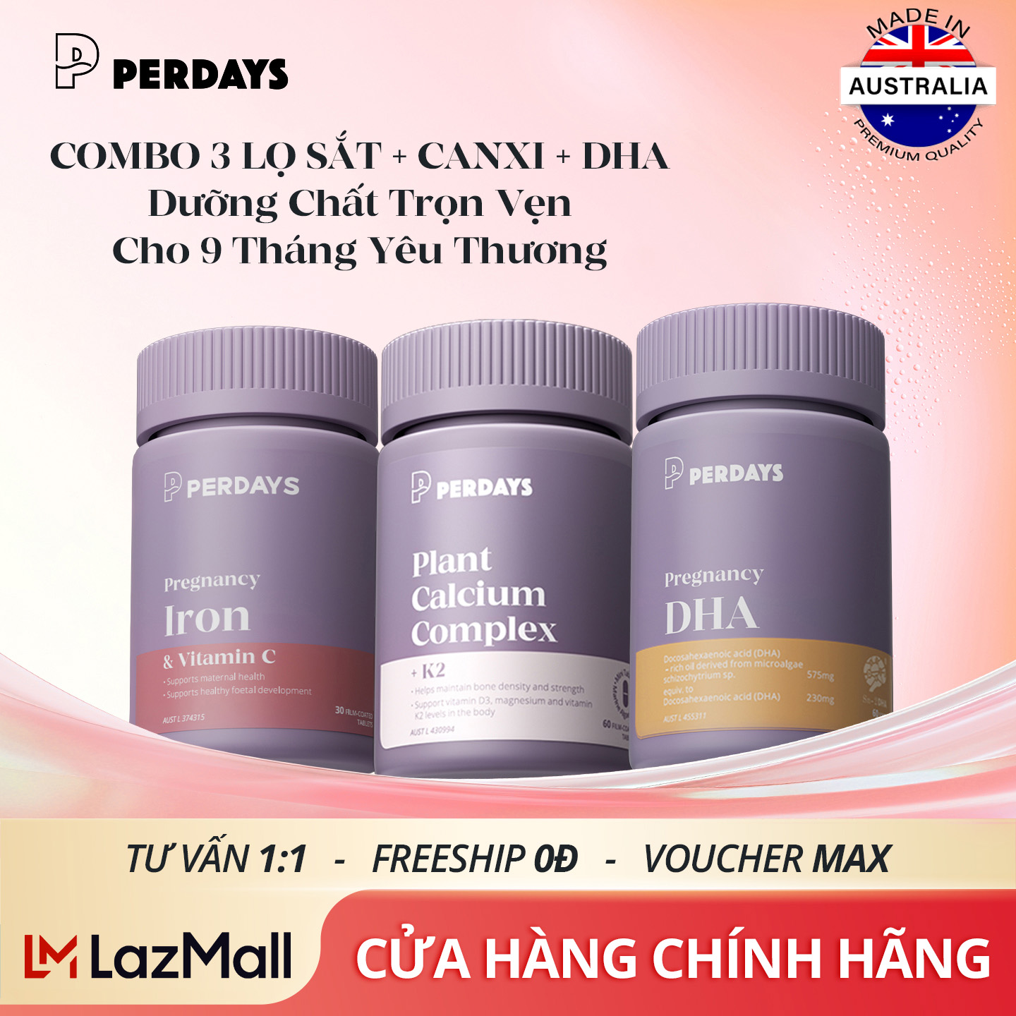Combo Sắt + Canxi + DHA cho mẹ bầu - Bổ sung dưỡng chất hỗ trợ thai kỳ - [COMBO 3 LỌ]