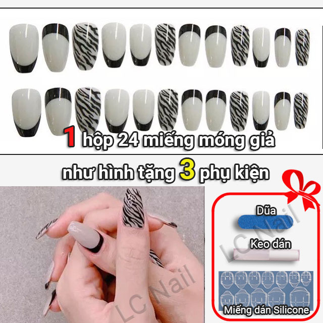 Reusable False Nails R146 Color White Black Zebra personality + Gift Set - LC Nail
