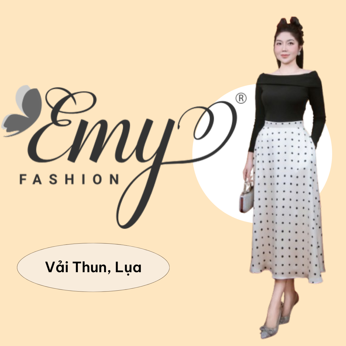 Đầm Thiết Kế EMY Thời Trang Cao Cấp EM9574 Thân Trên Thun Gân Đen Phối Thân Dưới Vải Lụa Chấm Bi Thanh Lịch Sang Trọng