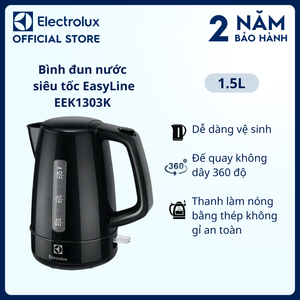 Bình đun nước siêu tốc Electrolux 1,5L EEK1303K - Dễ dàng vệ sinh, an toàn khi sử dụng - Bảo hành