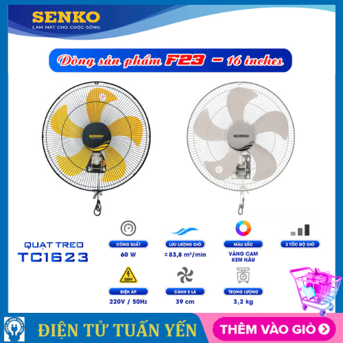 Quạt treo tường senko tc1623 công suất 60w, 3 tốc độ gió - hàng chính hãng