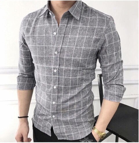 Áo sơ mi nam Xám Kẻ loại đẹp không nhăn, Sơ mi nam chất pha Đũi đẹp