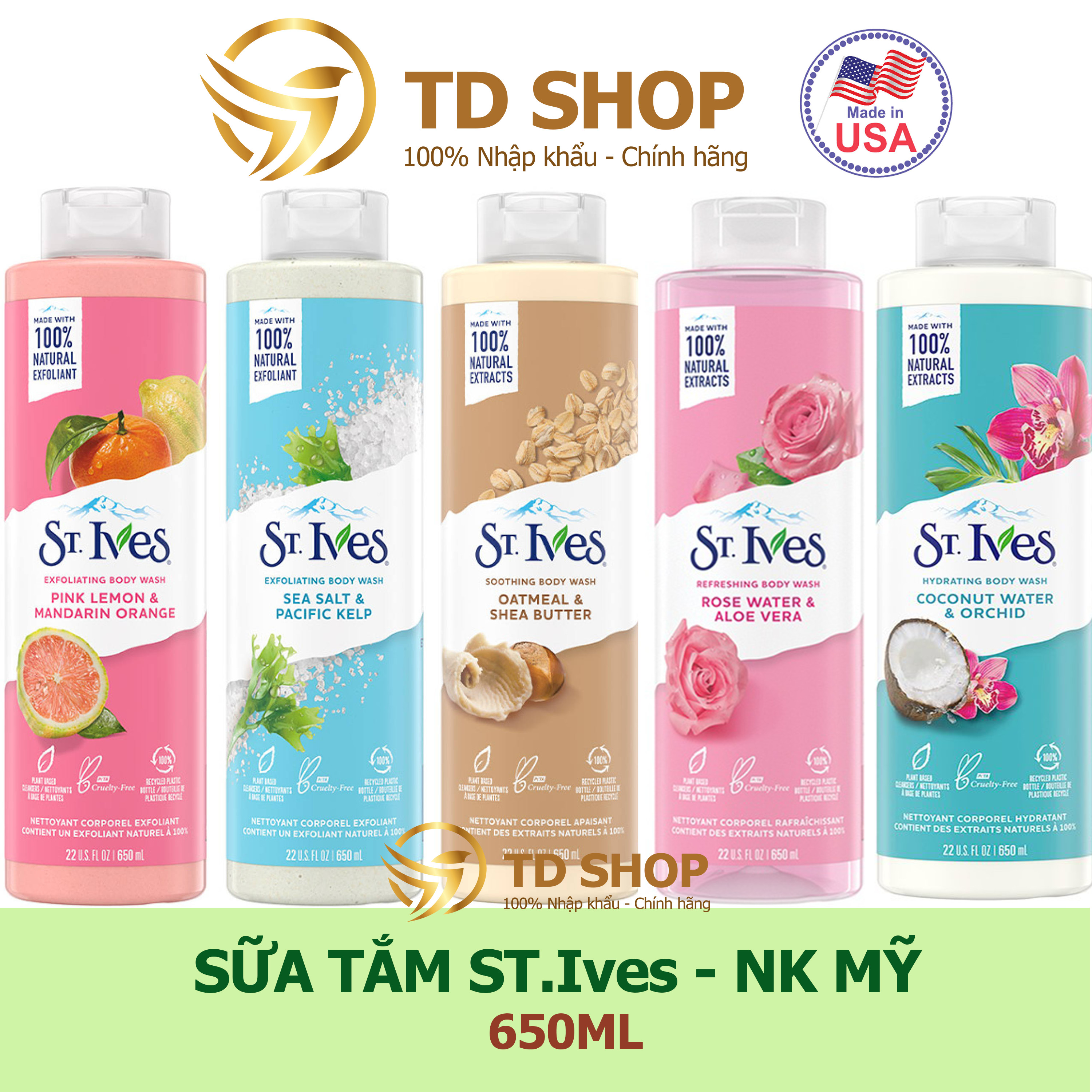 Sữa tắm St.Ives 650ml Cam chanh I Muối biển I Yến mạch I Hoa hồng tẩy tế bào chết - TD Shop