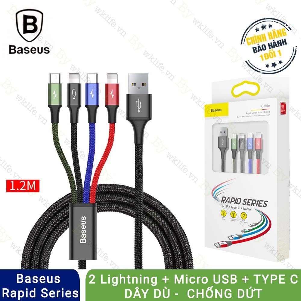 Cáp Sạc Nhanh Đa năng Baseus 4 Đầu cho iPhone/ iPad, Smartphone & Tablet Android Dài 1M2 - Hàng chính hãng