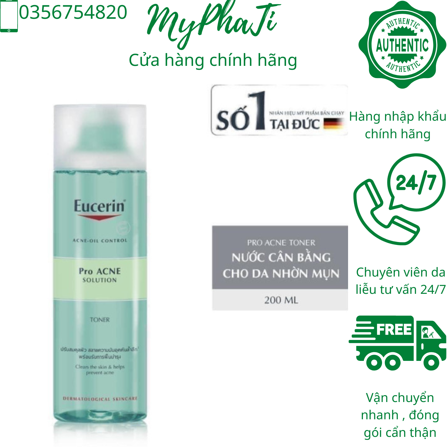 Hàng chính hãng] nước hoa hồng toner cho da dầu mụn eucerin proacne solution toner 200ml