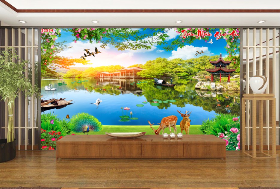 Tranh dán tường 3d phong cảnh thiên nhiên trang trí phòng khách phòng ngủ giá rẻ đẹp chất liệu decal pp keo sẵn bóc dán PA