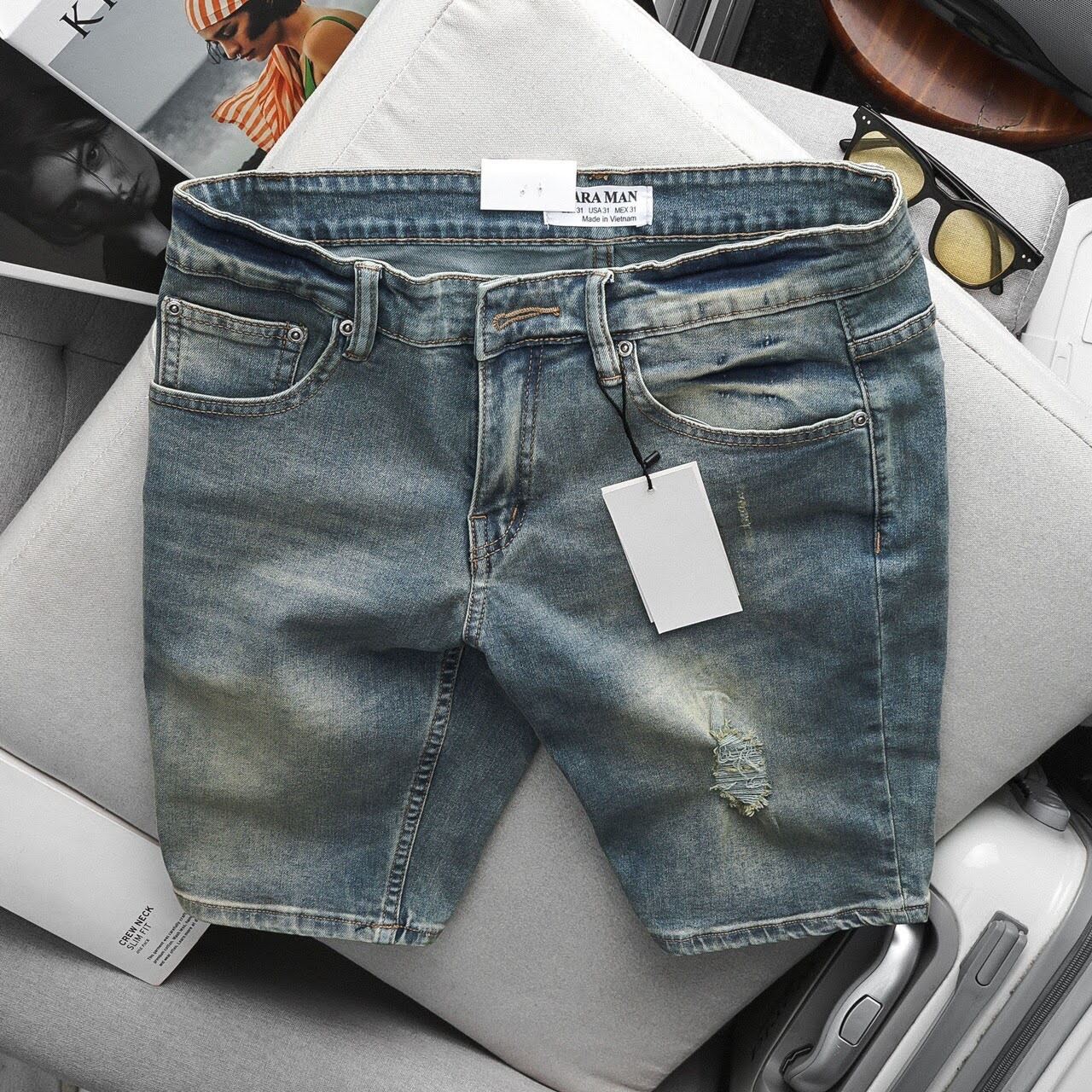 Quần Short Jean Nam Bigsize 130kg trơn co giãn màu xanh