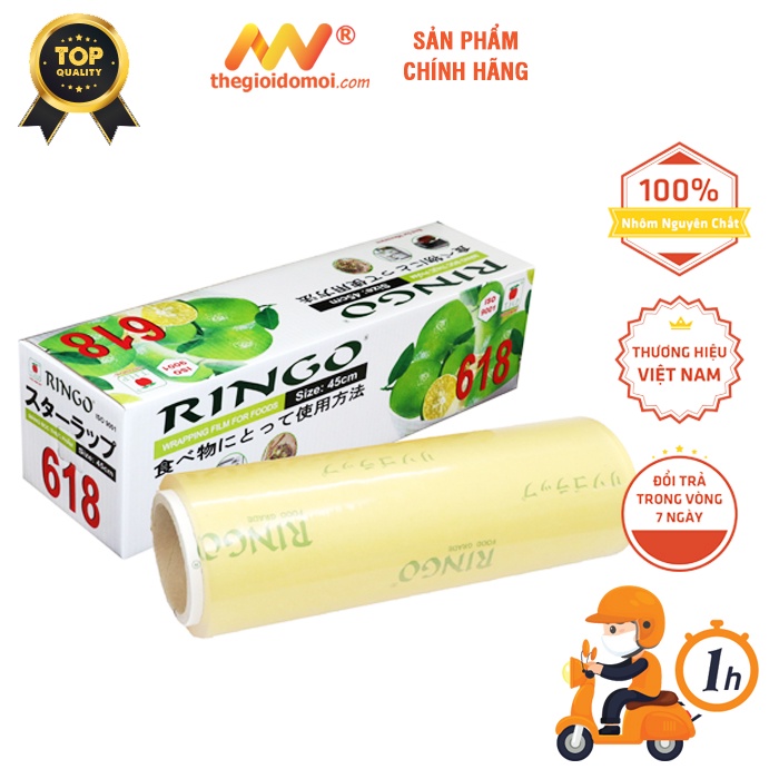 Màng bọc thực phẩm cuộn lớn Ringo ST618 size 45cm x 500m đầy đủ dao cắt dành cho nhà hàng quán ăn