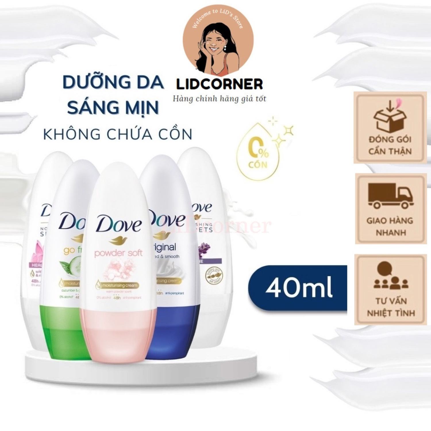 Lăn (Date 2026)Khử Mùi Dove Original Nourised & Smooth Hương Dịu Nhẹ Go Fresh Hương Dưa Leo & Trà Xa