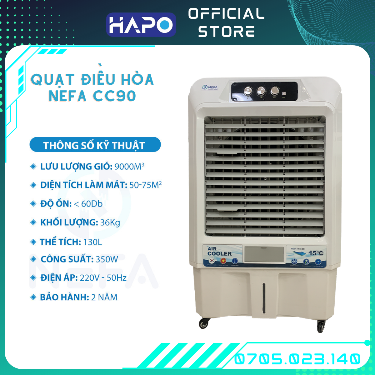Quạt hơi nước NEFA CC90 dung tích chứa nước khổng lồ 130L, Quạt điều hòa làm mát mùa hè cho không gian rộng, Quạt công nghiệp
