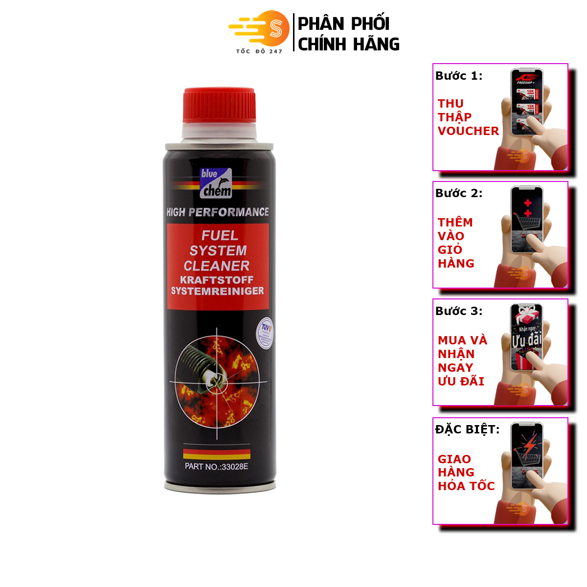 Phụ gia xăng cho ô tô Bluechem 33028E - Tốc Độ 247 - Tăng cường bôi trơn trong khi làm sạch làm sạch và bảo vệ động cơ xe ô tô
