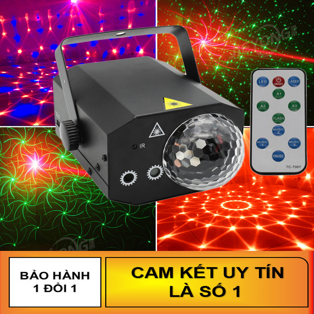 Đèn LED xoay cảm ứng theo nhạc - Đèn Laser vũ trường cảm biến Âm Thanh cực đẹp (Có Remote). Đèn led 