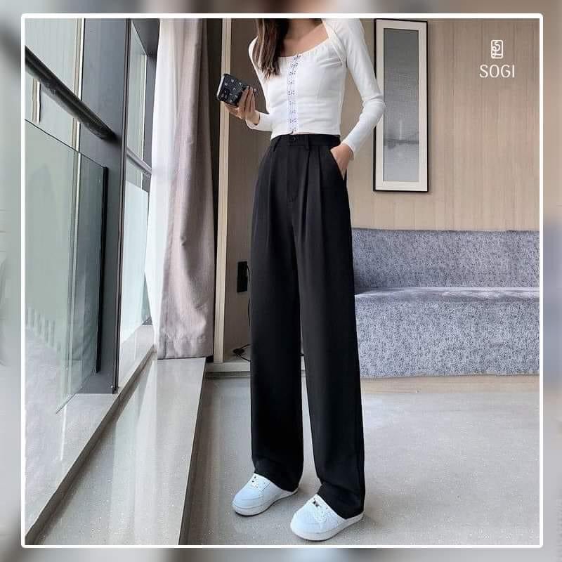 Quần vải ống suông Quần ống rộng lưng cao culottes ống xuông dài