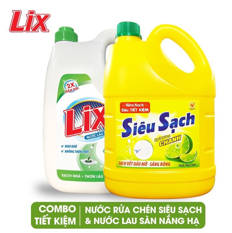 Combo số 67 gồm nước lau sàn lix hương nắng hạ 3.6 lít lh360 + nước rửa chén lix siêu sạch hương chanh 3.6kg ns360