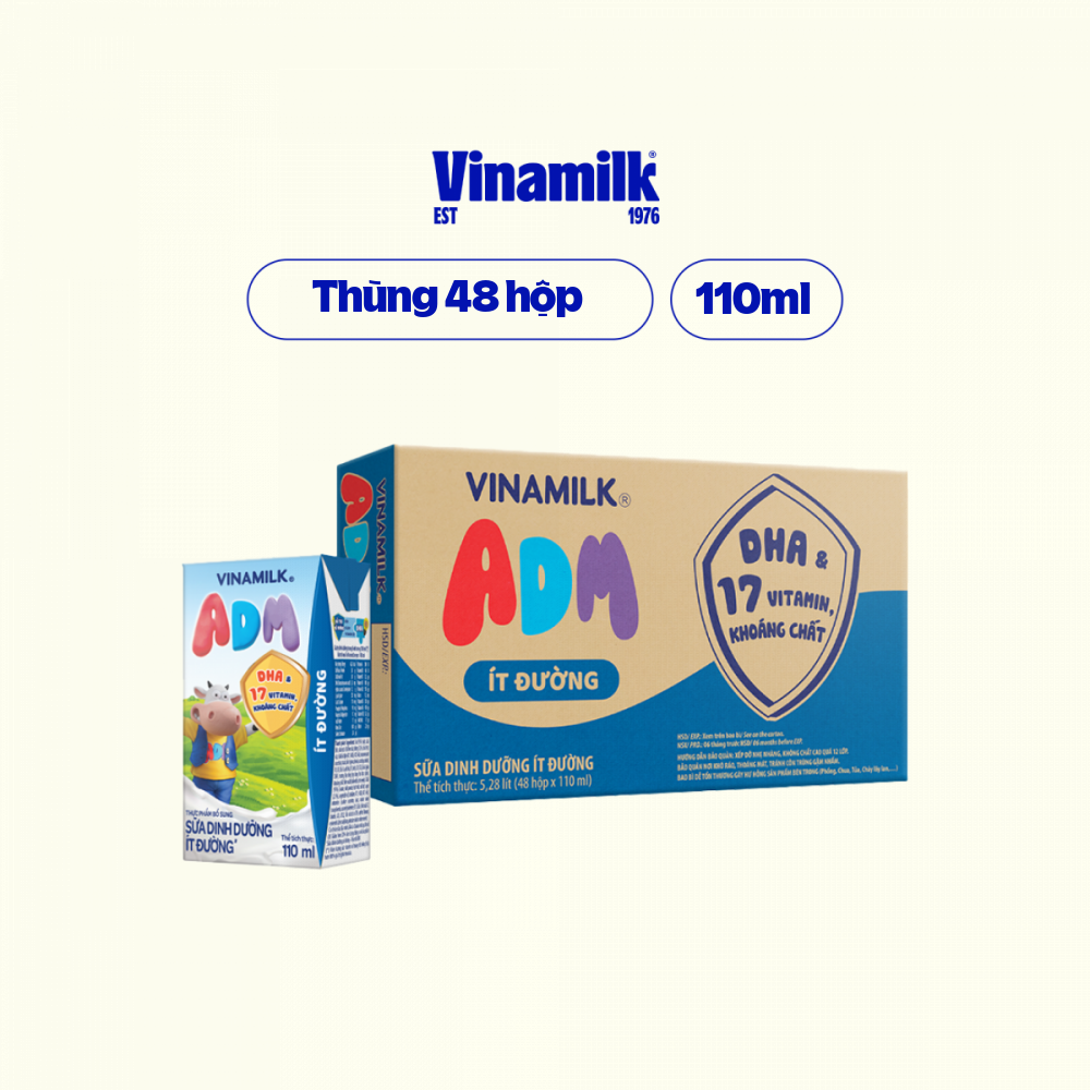 Sữa Dinh Dưỡng Vinamilk ADM Ít Đường Thùng 48 Hộp 110ml