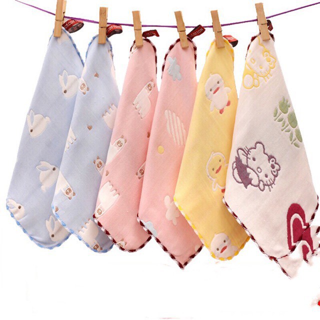 Sét 5 khăn xô rửa mặt 6 lớp họa tiết, sản phẩm được làm từ chất liệu xô tre mềm mại, hình đáng yêu cho bé hứng thú khi rửa mặt