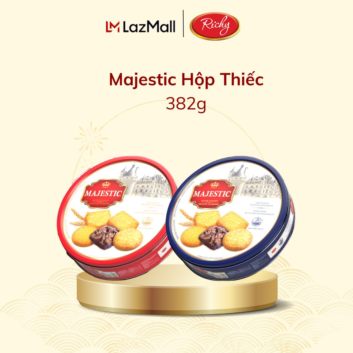   NEW  Hộp Bánh Tết Tự Chọn Bánh Quy Bơ Majestic Hộp Thiếc 382g Bánh Kẹo Richy 