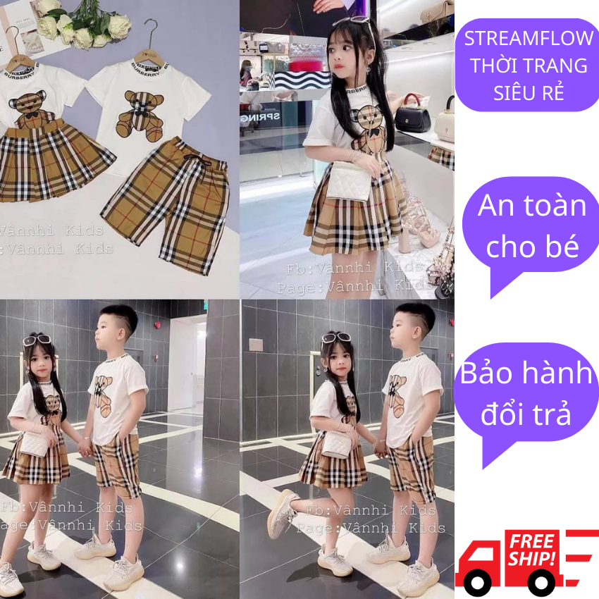 Bộ quần áo trẻ em cặp anh em cho bé trai, bé gái in họa tiết hình gấu cực đẹp, cho các bé diện đi học đi chơi cực chất