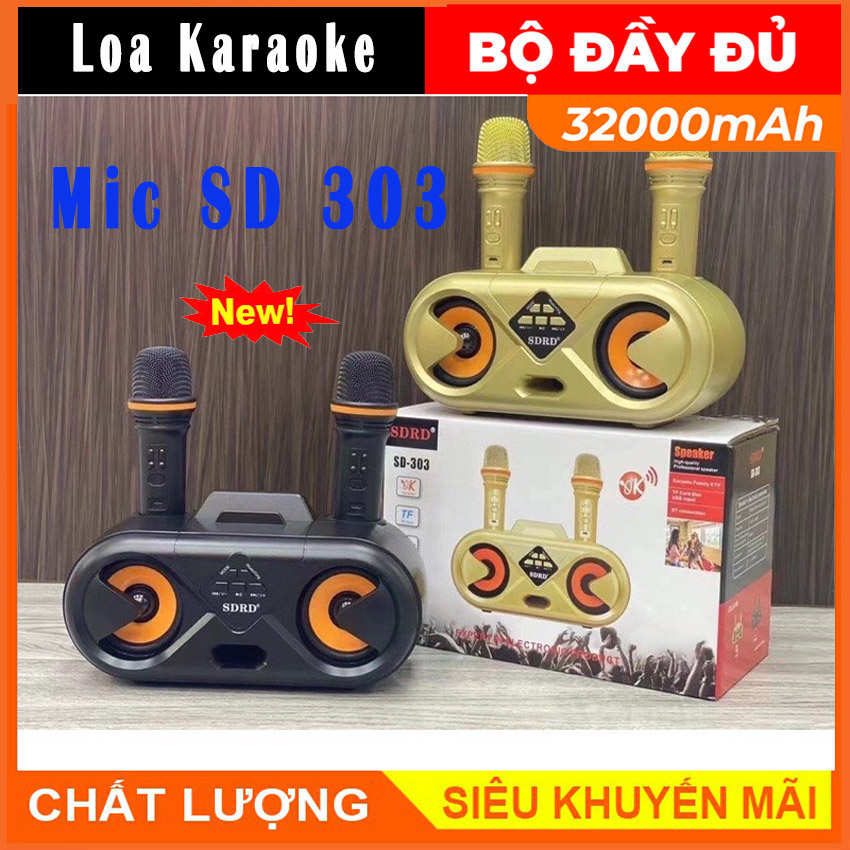 Mic Hat Karaoke Sd-303- Loa Bluetoth Karaoke Mini không dây. Loa nhật công suất lớn Loa Thùng Bluetooth Hát Karaoke hay Loa Bluetooth Karaoke SDRD SD-303+ Kèm 2 Mic Không Dây.Loa karaoke bluetooth có giá đỡ điện thoại.