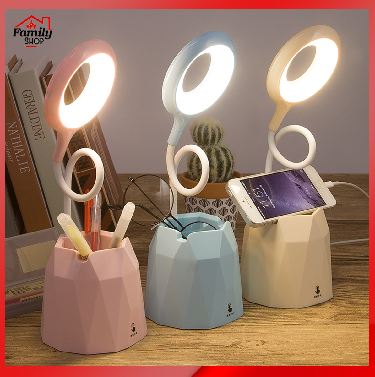 Đèn led- Đèn bàn tích điện chống cận sạc USB, có giá để điện thoại, bút- Tích hợp 3 chế độ sáng