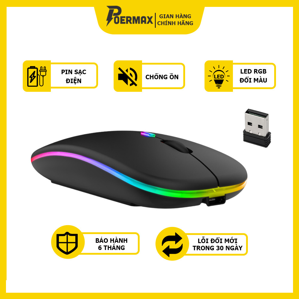 Chuột không dây A2 thiết kế thon gọn, không tạo tiếng ồn, có cổng micro USB để sạc, Led 7 màu sinh động