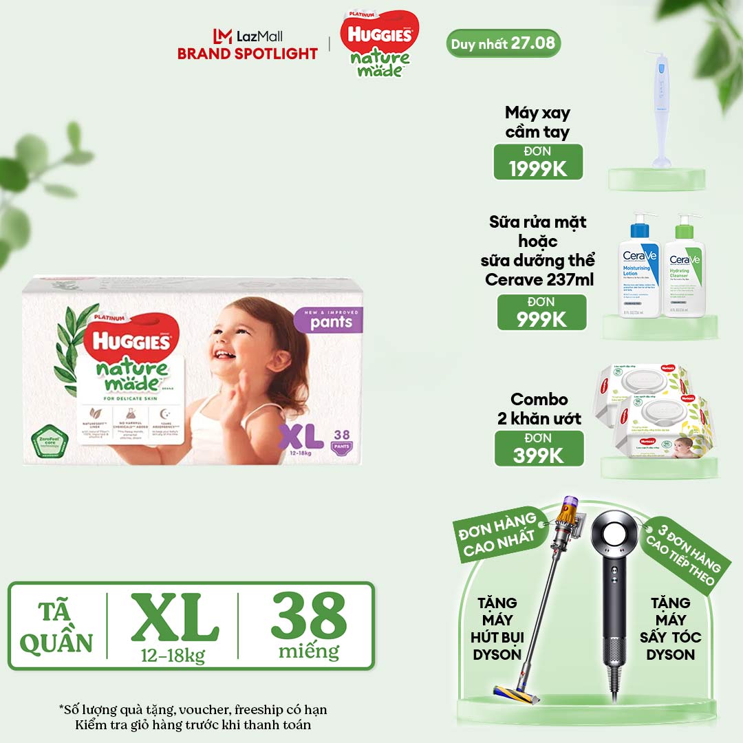 [CHỈ 27.8 GIẢM THÊM 40K] Tã/Bỉm quần HUGGIES PLATINUM NatureMade XL38 (12-18kg)-Gói Jumbo 38 miếng